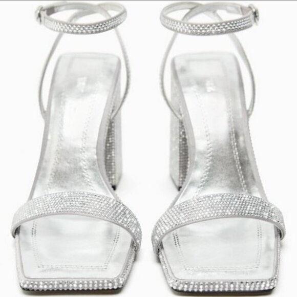 Zara Silver Block Heel Rhinestone Sandals - Picture 6 of 8
